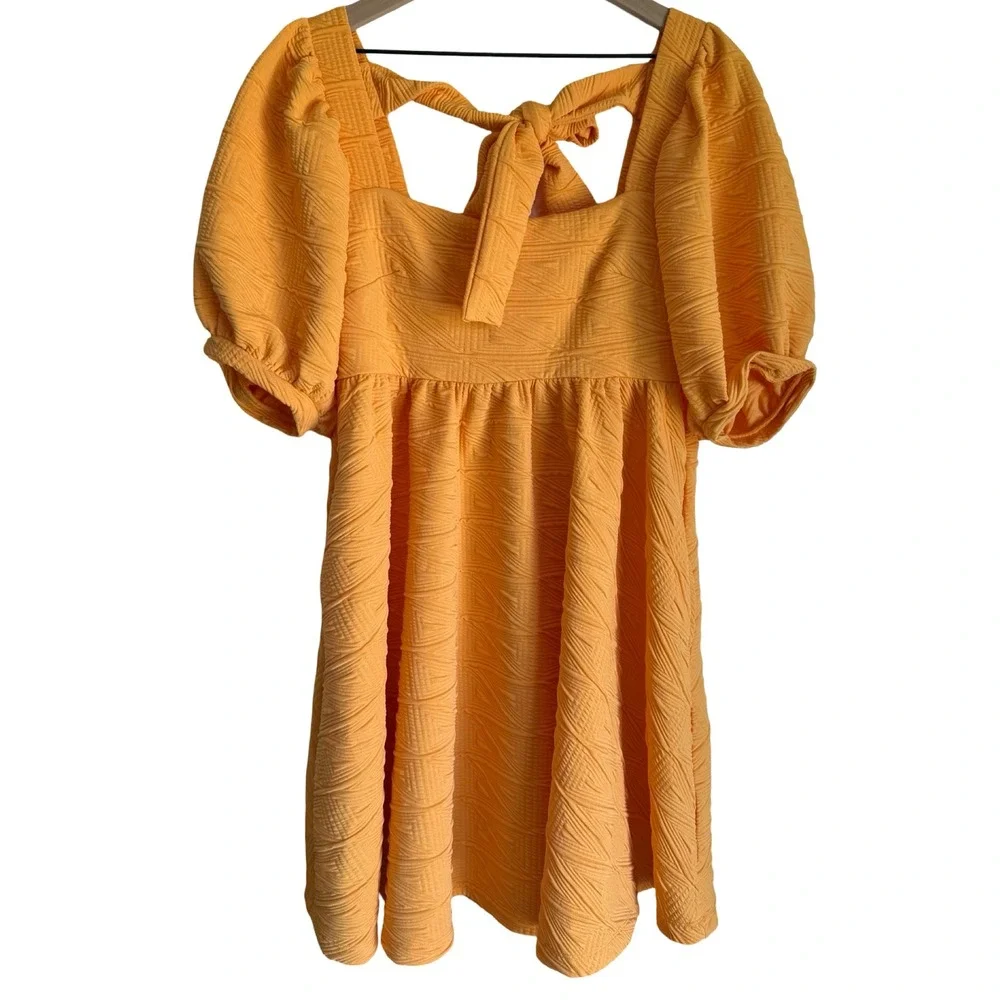 Free People Orange Textured Puff Sleeve Tie Back Mini Dress Small OB1140618